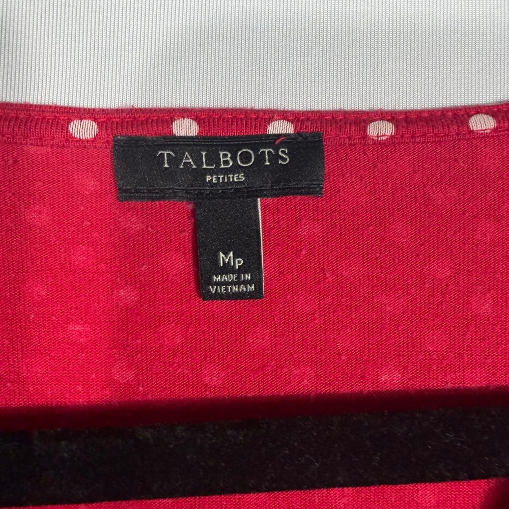 Talbots Petites Red White Polka Dot Faux Wrap Ruched V-Neck Top MP Minimalist - Picture 4 of 7